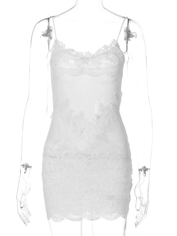 Woman Clothing Spaghetti Strap Mesh Lace Patchwork Party Club Dress Female Sexy See-through Sleeveless Short Evening Dresses