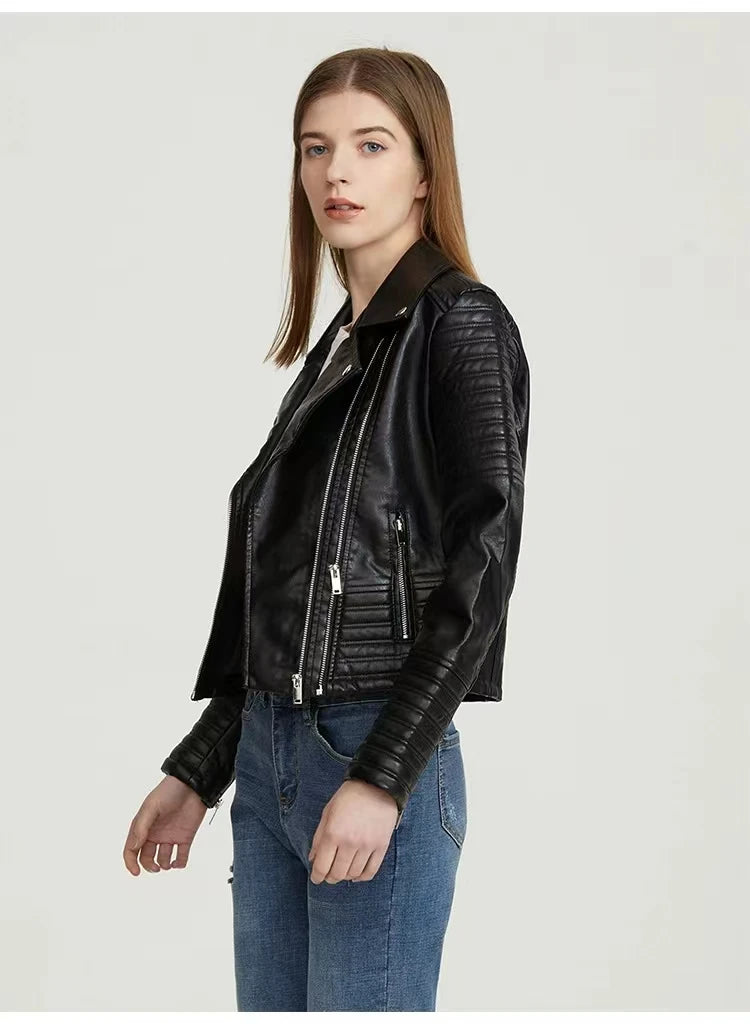 Vintage Women Leather jackets Faux Leather Moto Spring Bomber Jacket Two Zippers Drive Biker Coat PU Windbreak Outwear Autumn