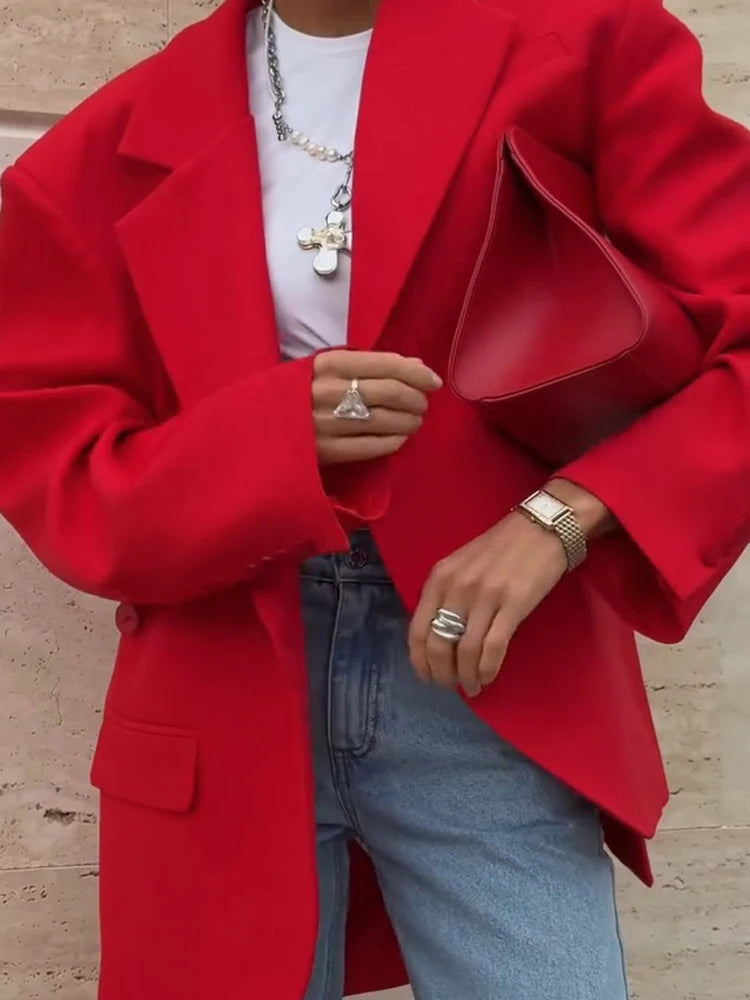 Women Red Fashion Blazer Jacket Lapel Collar Single Button Long Sleeve Loose Casual Coats Oversized Autumn Winter Street Outwear