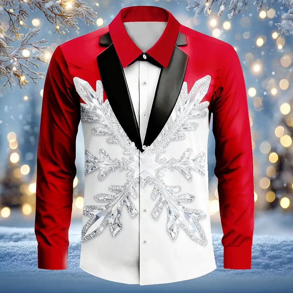 Men's Christmas Costume Christmas Light Suit Tie Printed Tuxedo Shirt Button Up Shirt Long Sleeve Outdoor Holiday Spring Fall