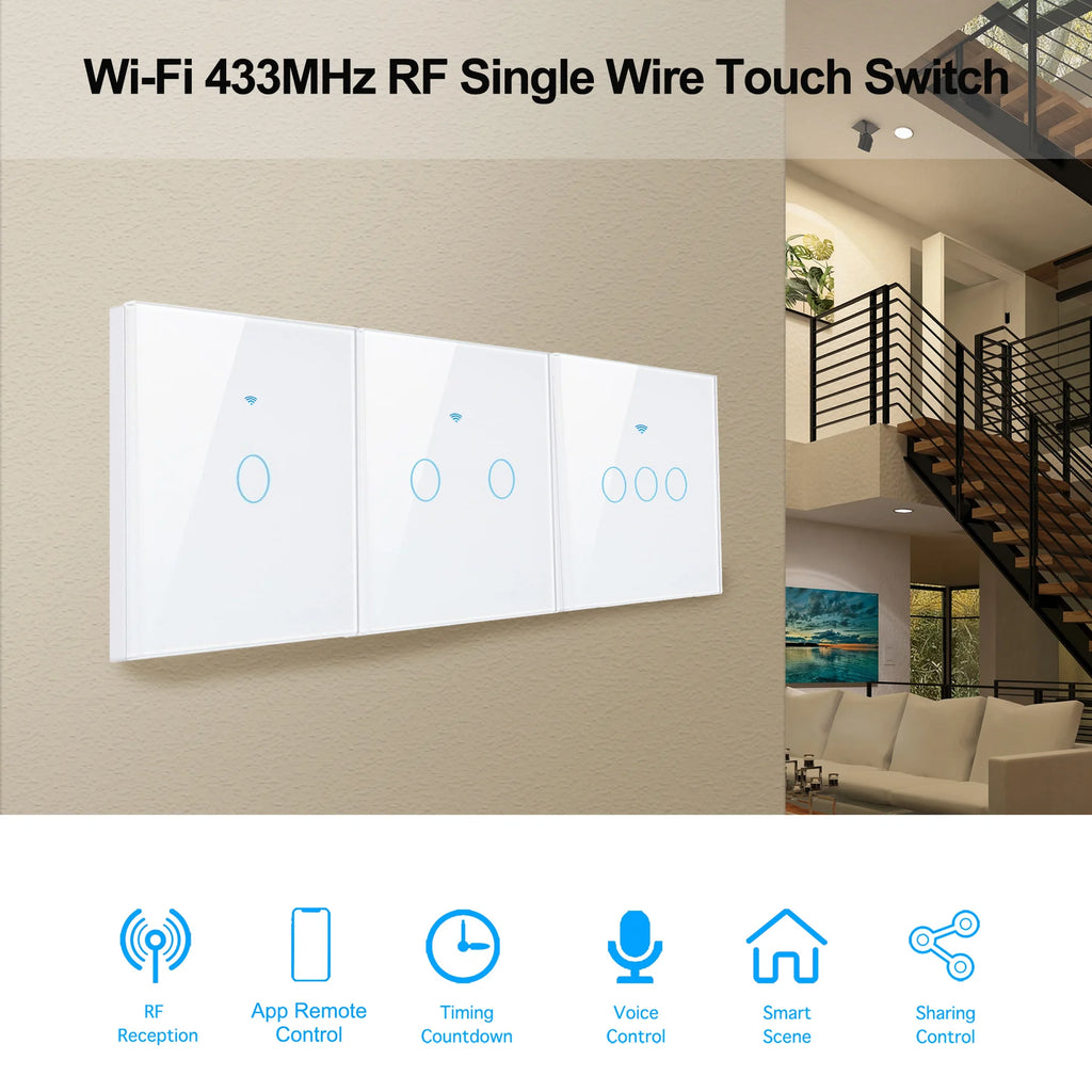 Wifi Smart Light Switch EU 1/2/3Gang Touch Light Switch No Neutral Wire Wall Light Switches Works with Tuya Smart Life App Alexa