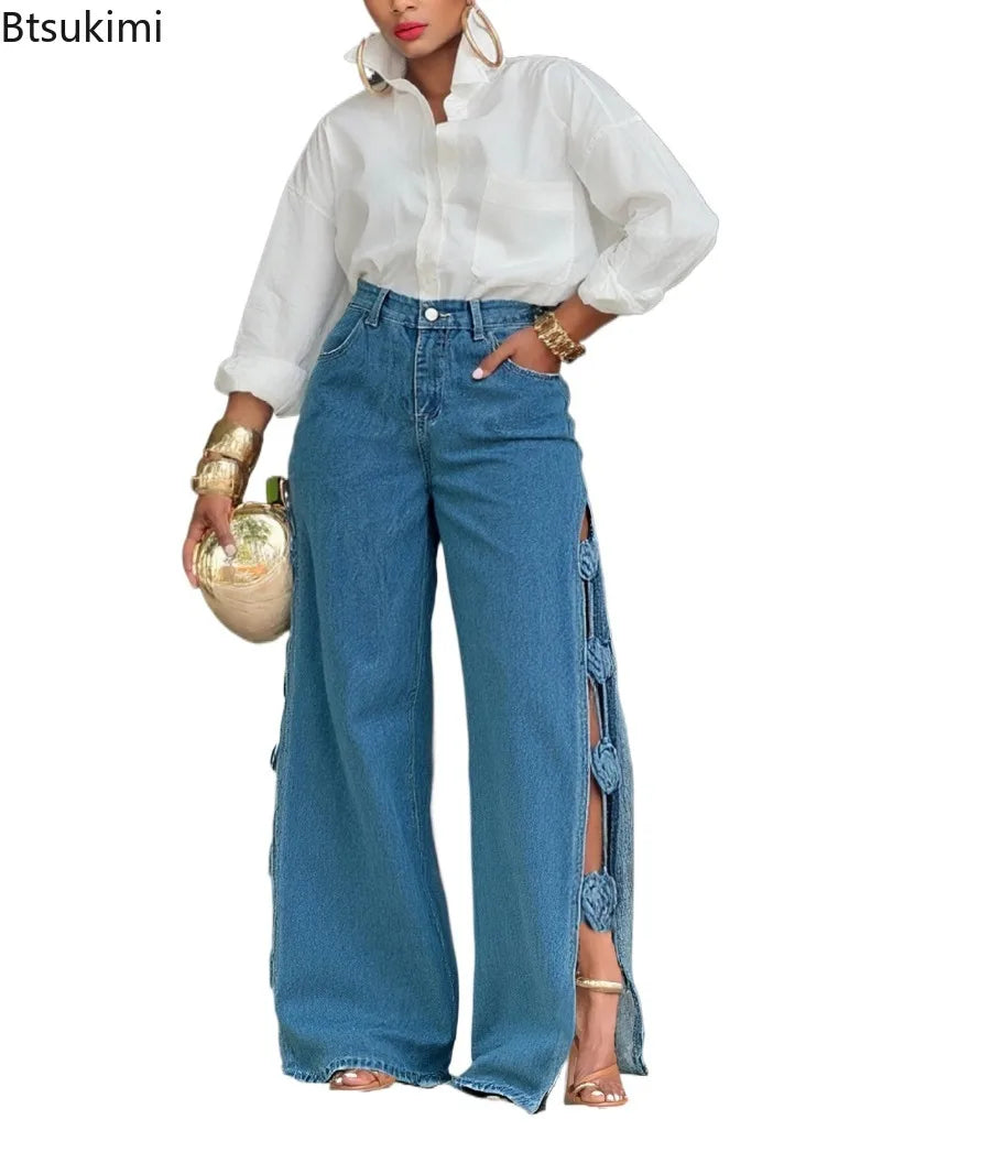 New Women's Jeans Patchwork High Waist Washed Distressed Loose Wide Leg Trousers Fashion Hollow Out Streetwear Retro Denim Pants