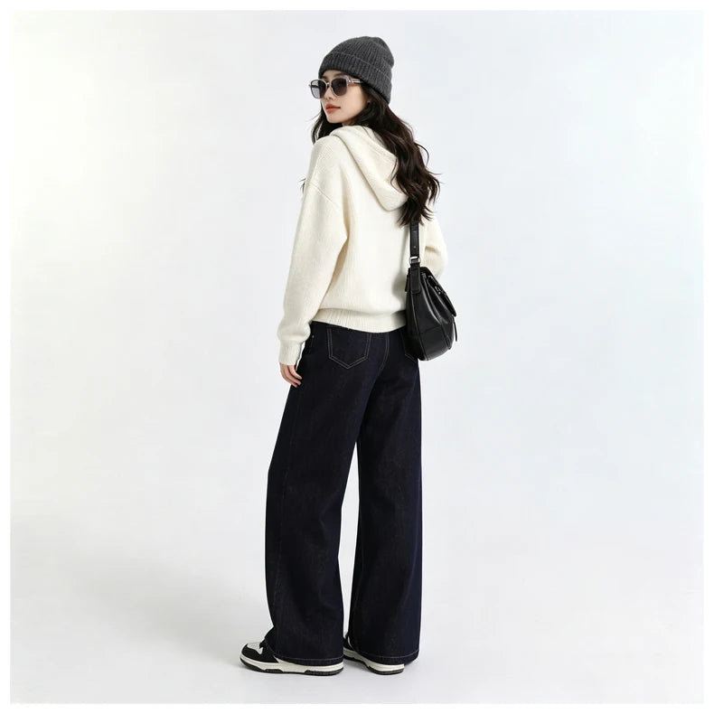 Raw Denim High Waist Wide Leg Draped Jeans Women Vintage Loose Slim Versatile Commute Long Trousers