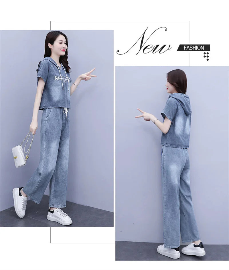 Summer Thin Jeans Set Women Fashion Short Sleeve Hooded Pullover Tops + Elastic Waist Wide Leg Pants 2PCS Female Denim Outfit