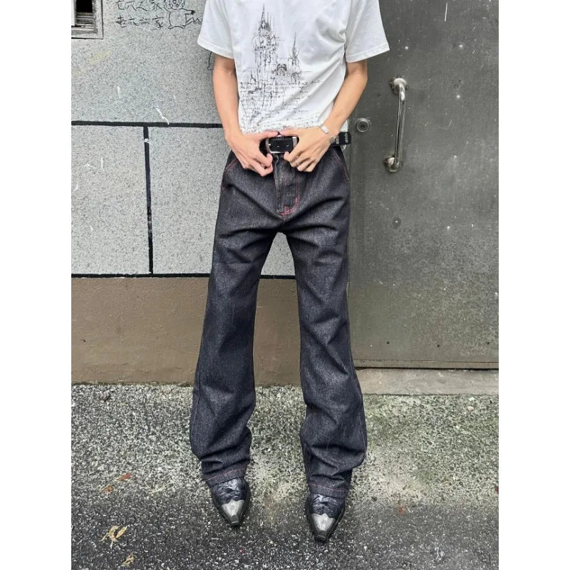 Men American Vintage Denim Red Stitch Raw Black Straight Micro Flare Jeans Slim Fit Fashion Casual Stretch Long Denim Trousers