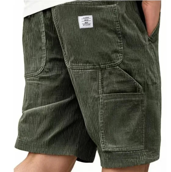 Men's Workwear Shorts Summer Casual Corduroy Loose Elastic Waist Multi-Pocket Leisure Pants Embroidery Retro Style Male Trousers
