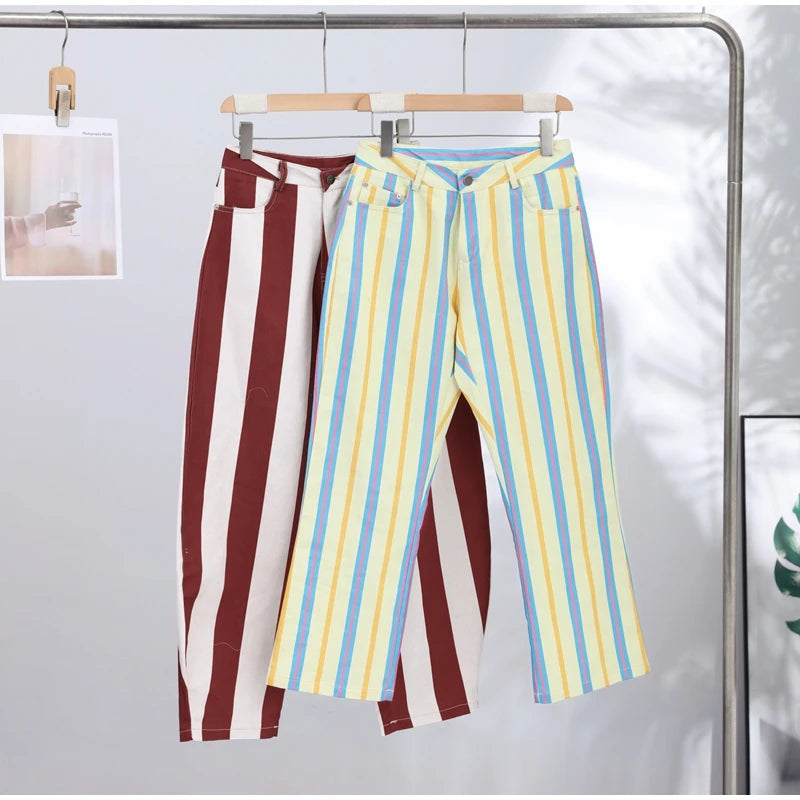 Casual Women's Red Striped Pants Button Zipper Double Pockets Straight Straight Leg Trouser 2026 Spring Summer Fashion Lady Pant