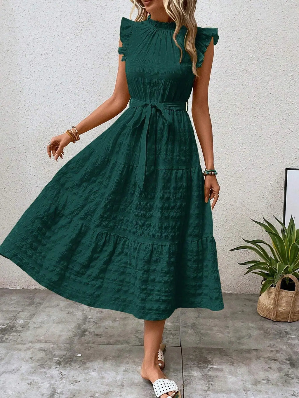 Elegant Women's Summer New Fashion Wooden Ear Edge Flying Sleeve Lace Up Texture Dress Purple  Sleeveless Lace Up Long Dresses
