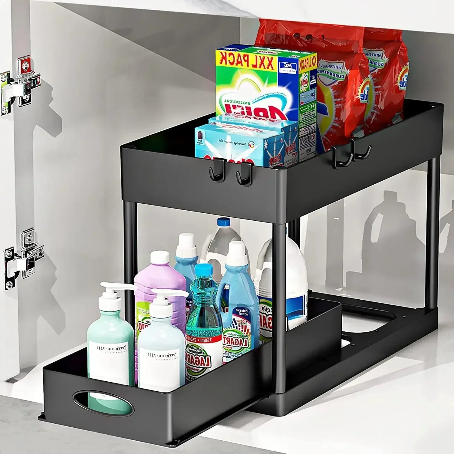 Kitchen Bathroom Under Sink Organizer 2-Tier Sliding Storage Basket Multipurpose Shelf with Hanging Cup and Hook Accessories