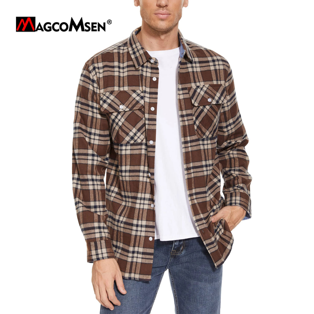 MAGCOMSEN Autumn Windproof Men's Flannel Shirt Warm Long Sleeve Casual Plaid Shirts with Two Chest Pockets