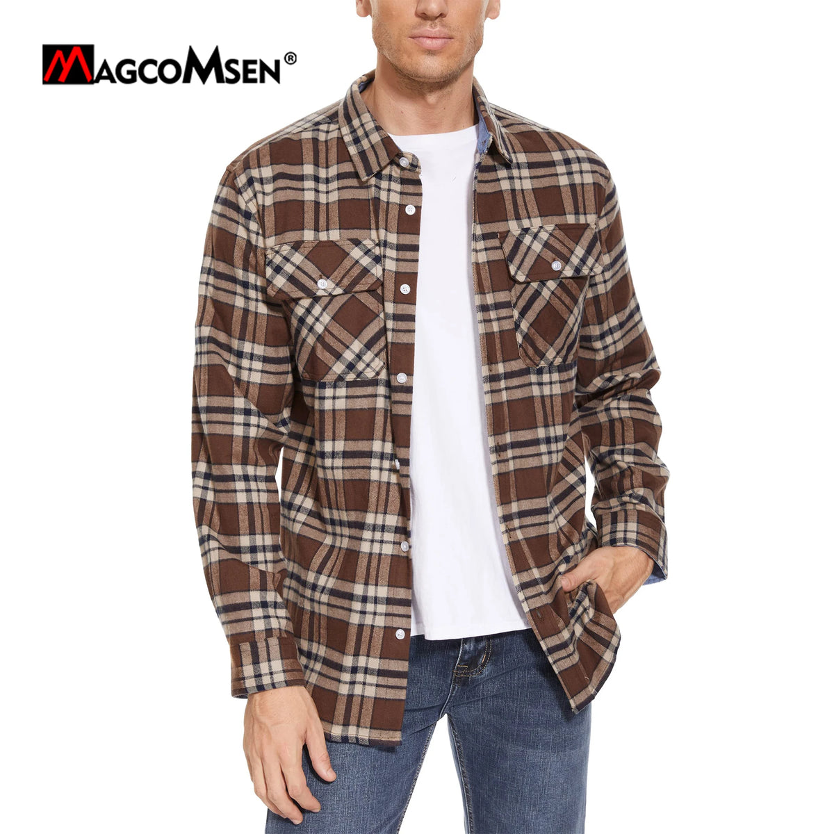 MAGCOMSEN Autumn Windproof Men's Flannel Shirt Warm Long Sleeve Casual Plaid Shirts with Two Chest Pockets