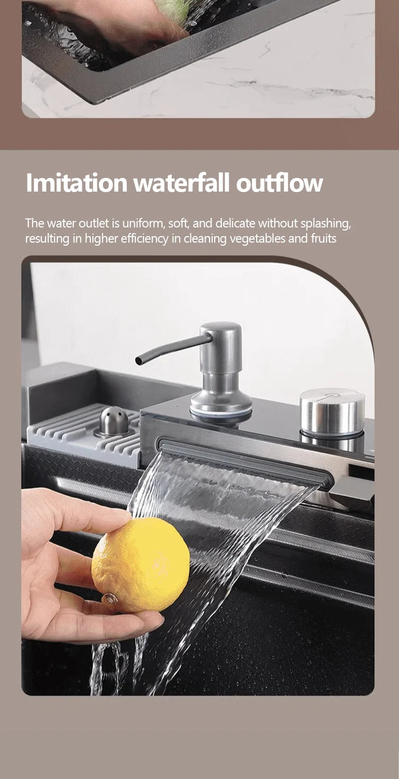 304 Sink Key Digital Display Waterfall Rain Sink Stainless Steel Large Single Trough Hand Basin Washing Dishes Under The Basin