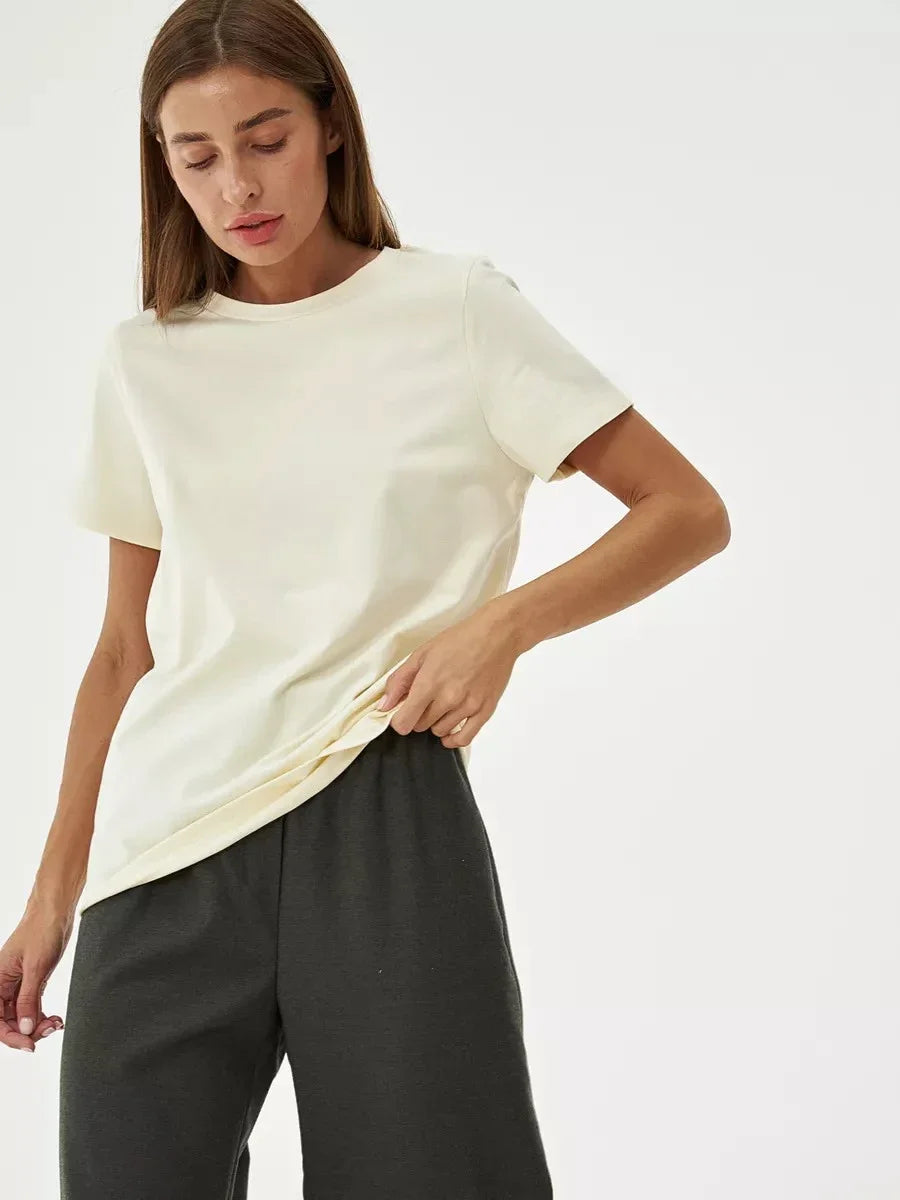 Wolfeel Summer 100% Cotton Women's T-shirt Bottoming Basic Fashionable Solid Lady Short Sleeve Loose Tops Shirts 230g/㎡ Tops