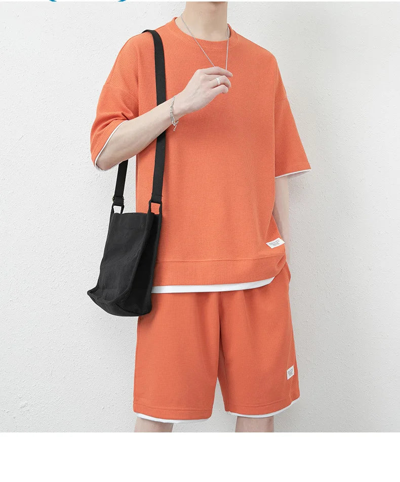 Summer Solid Waffle Tracksuits 2026 Men's Short Sleeve Shorts Casual Two Piece Sets Loose Breathable Men Clothes Joggers Outfits