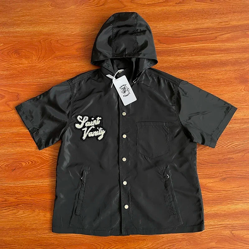 ST VANITY Embroidered Casual Sports Trench Coat with Hooded Short Sleeves
