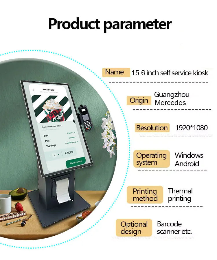 Desktop vertical 15.6 21.5 touchscreen POS end point self checkout kiosk with printer QR code scanner