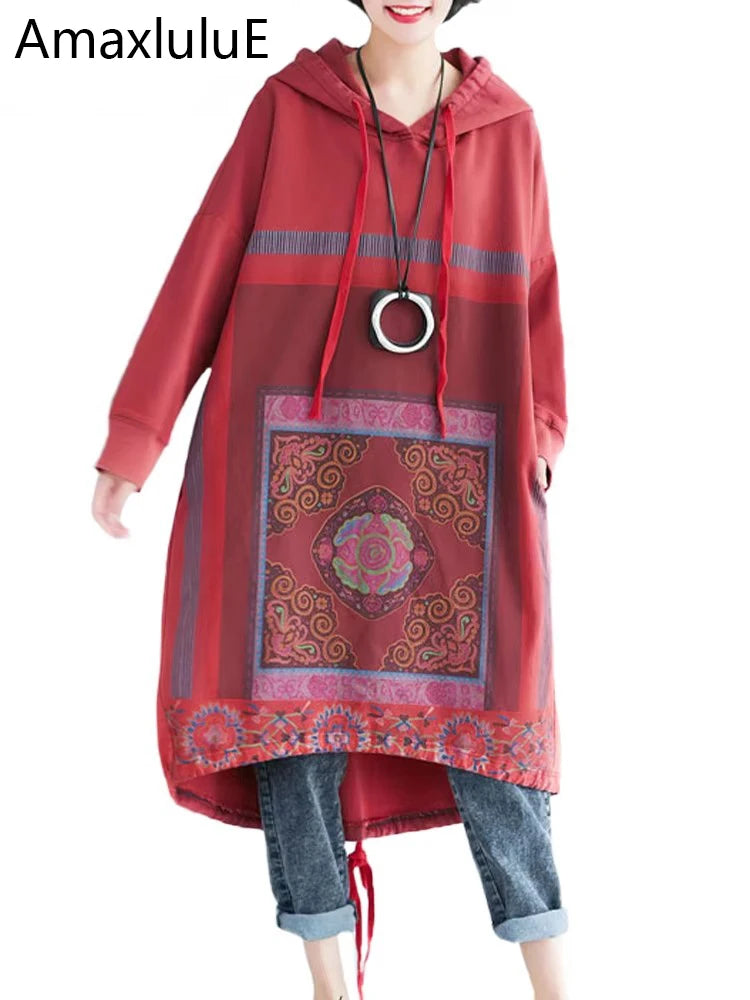 Amax luluE 2024 Autumn Womens Printed Loose Hooded Long Hoodies Fashion Clothes Ladies Luxury Classic Vintage Casual Sweatshirts
