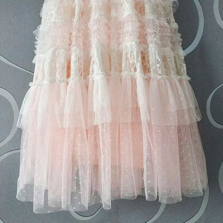 Eshin Elegant Midi Dress Short Sleeve Summer Spring New Fashion Design Women Runway Mesh Ruffles V-Neck Party High Street TH6731
