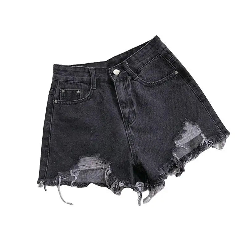 Women High Waist Ripped Denim Shorts Korean Y2K Streetwear Tassel Pocket Summer Casual Blue Jeans Pants Fashion Street Trousers