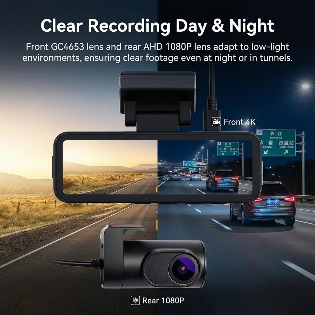 Dash Cam Dual Lens 4K UHD Recording Car DVR GPS WDR Night Vision Video Recorder Wi-Fi Room Black Box 1080P Rear View Camera