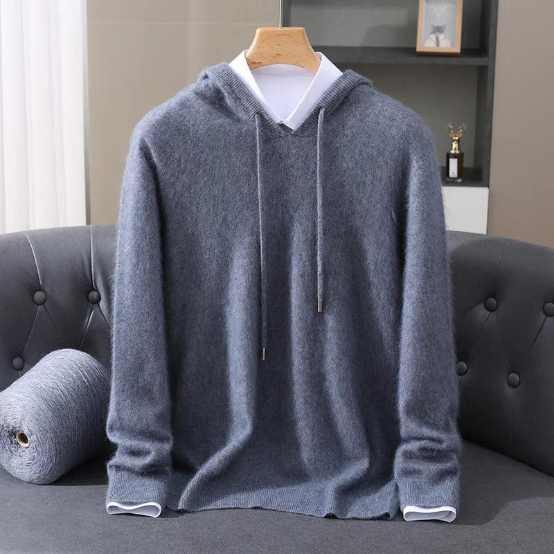 2025 Autumn Winter Hooded Collar Mink Cashmere Knitted Sweater Men's Drawstring Pullover High-End Thick Casual Sweater Loose Fit