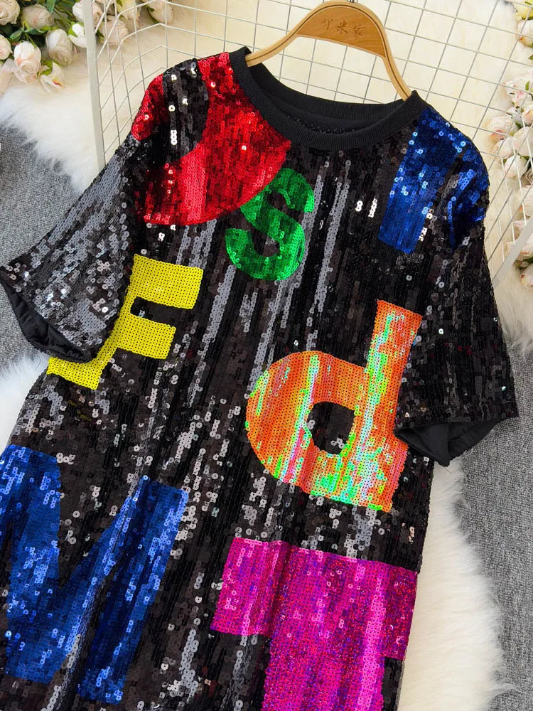 Korean version medium to long loose and lazy T-shirt women half sleeved paired round neck sequined letter top dance outfit