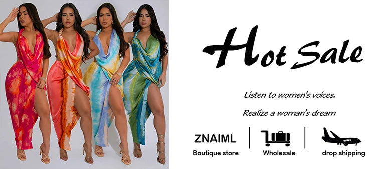 Znaiml Sexy Beach Vacation Deep V-neck Bead Halter Sleeveless Backless Dress Women Fashion High Split Printed Night Club Robe