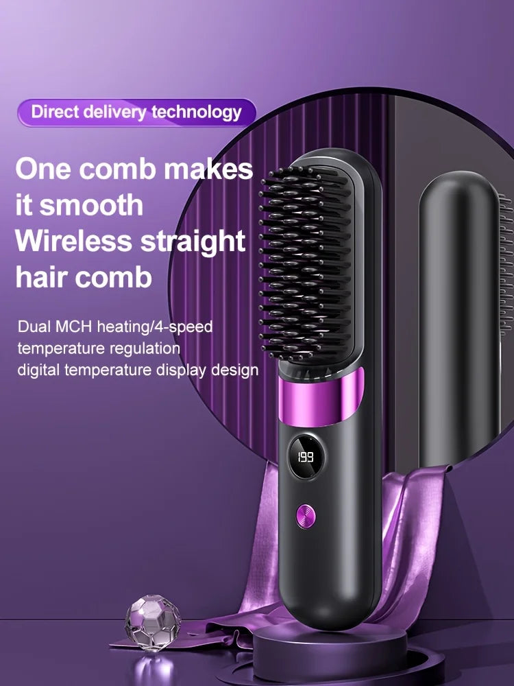 Portable Hair Straightener Brush USB Charging Cordless Hot Comb Ceramic Coating Ionic Anti Frizz Styling Tool