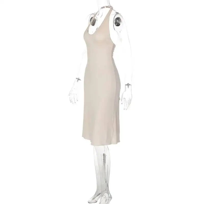Mozision Women Halter Deep V Neck Midi Dress Sleeveless Backless Bodycon Ruffle Hem Long Dress Elegant Club Party Evening Dress
