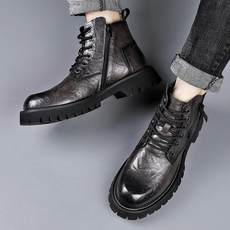 2025 autumn and winter boots men's British style versatile high top leather shoes workwear snow leather boots men's short boots