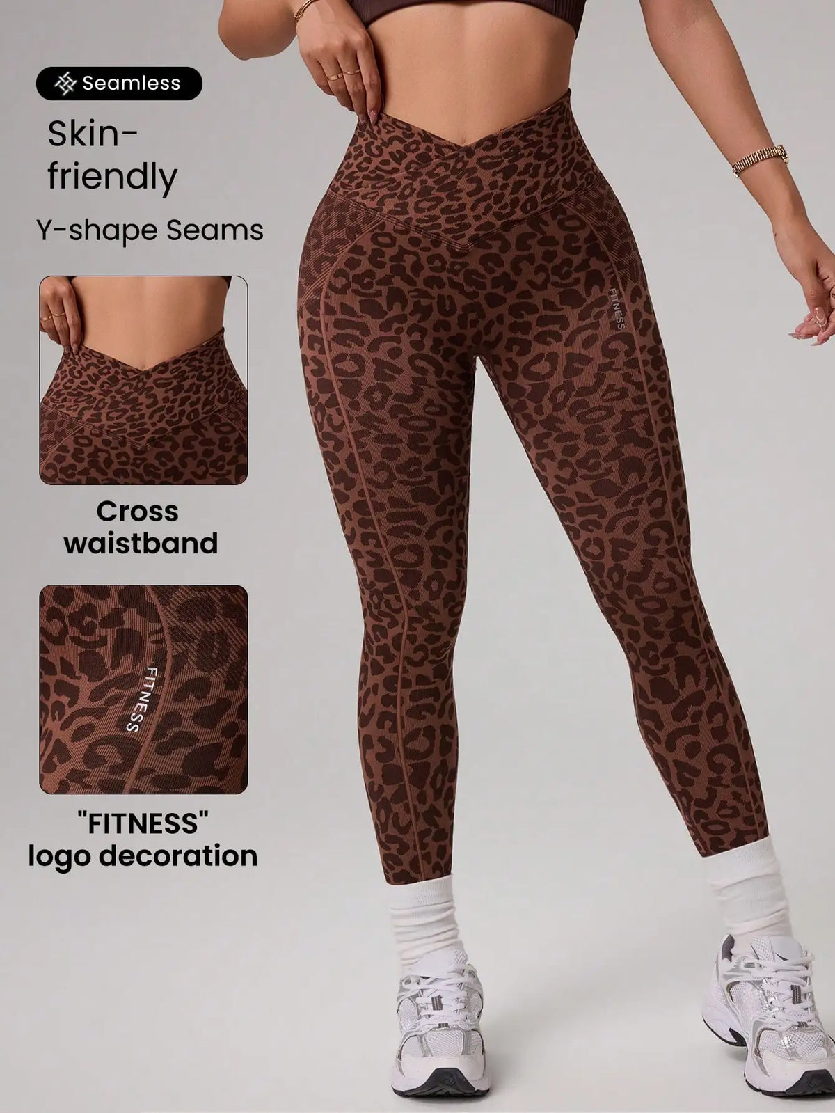 Women High Waist Leopard Print Seamless Yoga Leggings Cross V Waist Butt Lift Gym Workout Fitness Pants