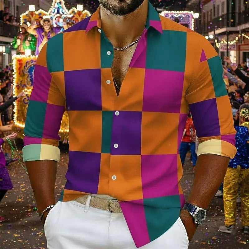 Carnival Men's Plaid Satin Shirt Button Down Shirt Casual Shirt Long Sleeve Hawaiian Casual Outdoor Vacation Party Spring Fall