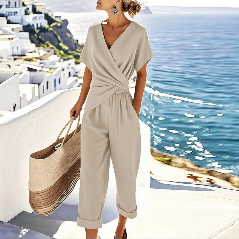 Summer Fashion Solid Women's Two Pieces Set Elegant V Neck Slim Office Suit Casual Pleated Irregular Top And Pants Female Outfit