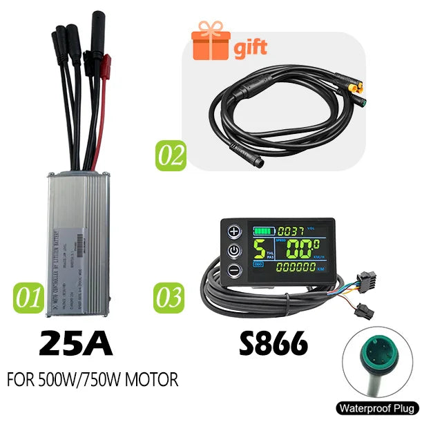 250W-750W Brushless For Electric Bike Controller LCD Panel Scooter EN06 S830 S866 JN Controller 15A 25A WP Plug Square Wave GD06