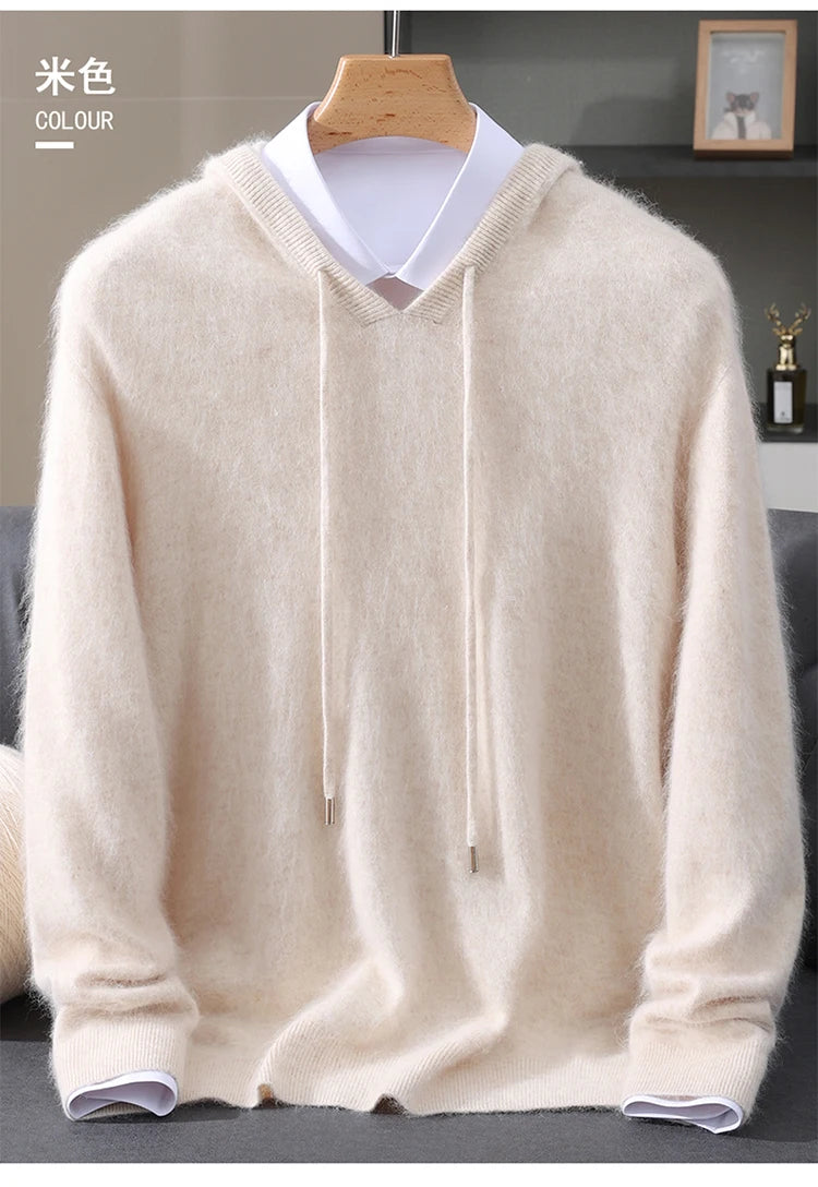 LHZSYY 100% Pure Mink Cashmere Hooded Sweater Men's Hooded Knitted Pullover Business Casual Loose Hoodie Autumn Bottoming Shirt
