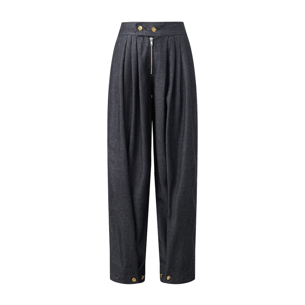 Women Y2k Loose Fit Denim Harem Long Pants Button Zipper High Waist Pleated Bloomers Wide Leg Baggy Trousers with Pockets