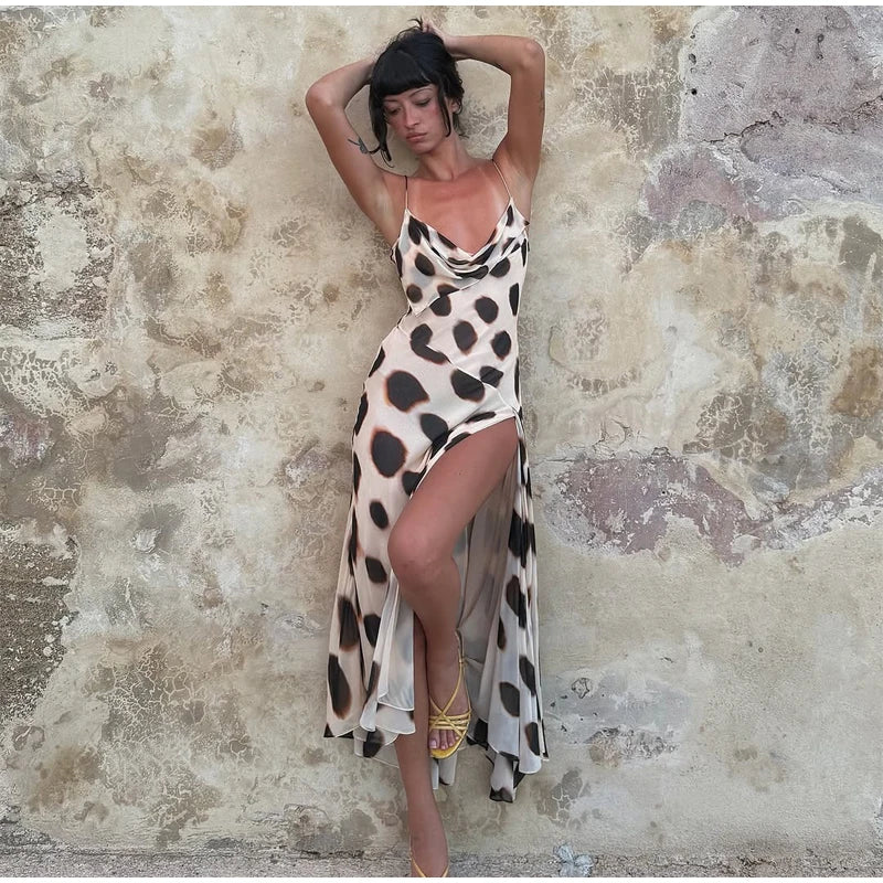 Trendy Slip Dress Animal Print V-neck Ruched Drawstring Sexy Maxi Women Dresses Beach Vacation Stylish Retro Summer Party Outfit