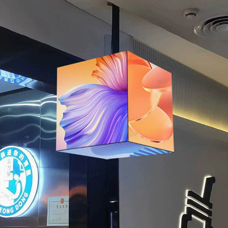 Cube Screen Indoor/Outdoor Electronic Advertising Display with  Hanging Side Seat Mounting Option