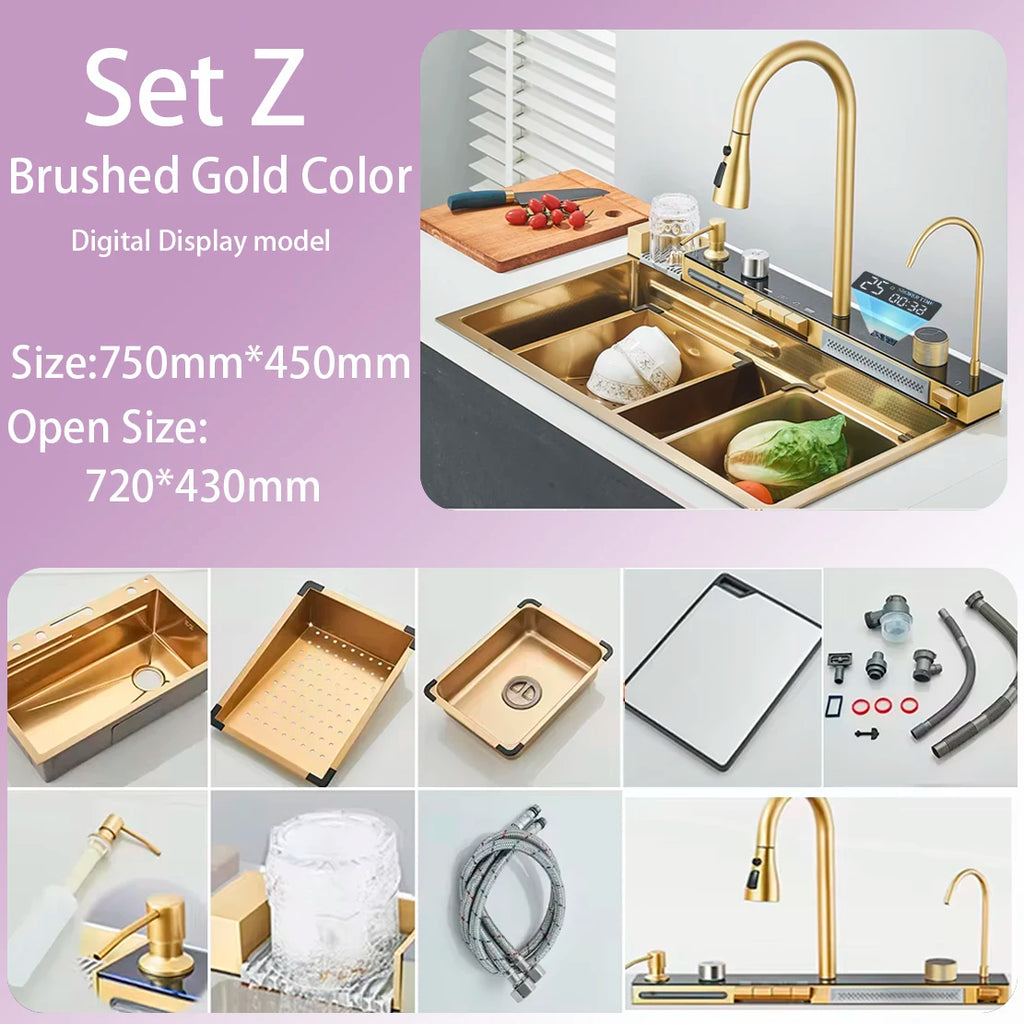 Kitchen Sink Faucet Large Integrate Digital Display Multi-Function Buttons Waterfall Soap Dispenser Cup Washer Kitchen Sink