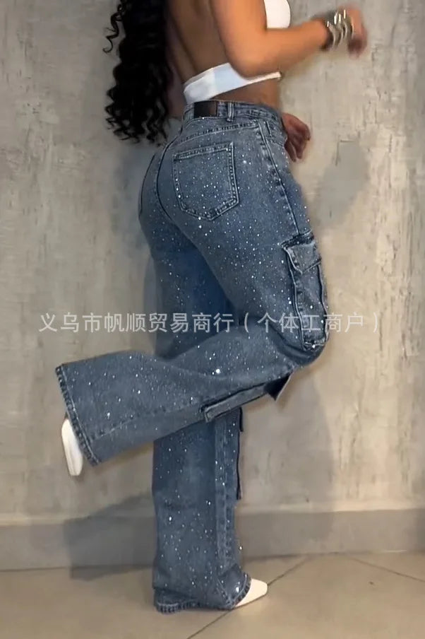 Women Jeans Denim Pant Vintage Wide Leg Long Pants High Waist Straight Trousers Y2k Streetwear Elegant Work Hot Drilling 2026
