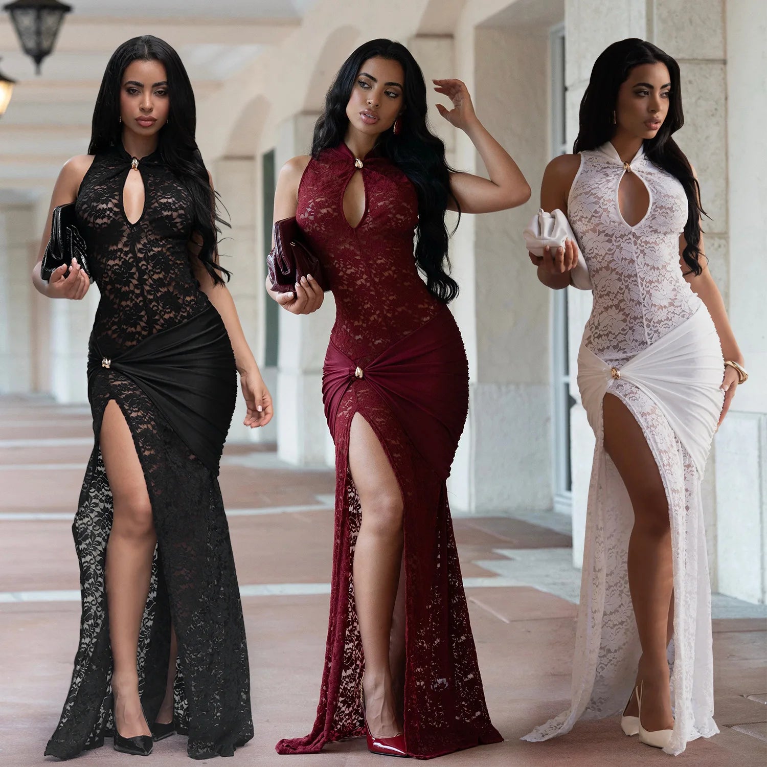 Sexy Women Lace Hollow Out Sleeveless Ruched High Split Maxi Long Dress 2026 Party Trendy Birthday Vacation Beach Dresses
