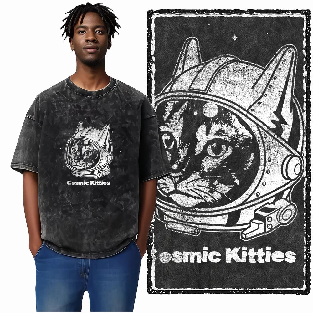 COOLMIND DB Cat Printed Cotton Acid Washed Exclusive Graphic Unisex T Shirt Cool Streetwear Men Tshirts Big Size Tee for Men