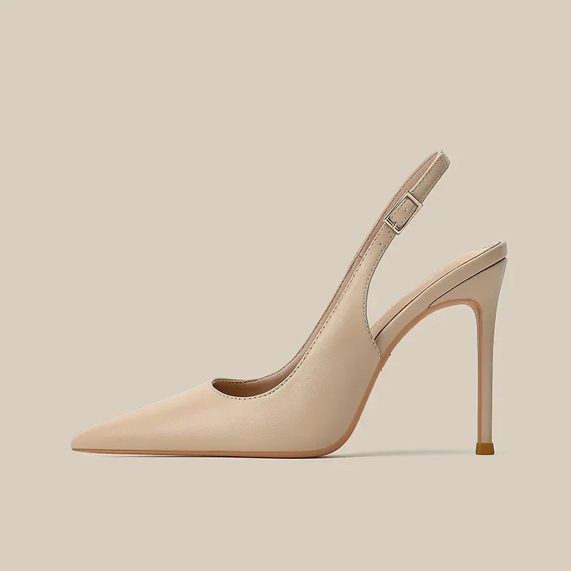 2026 New Slim Heel Flat Buckle Toe Back Empty Sandals with Pointed Soft Leather Toe Strap for Women's Commuting Single Shoes
