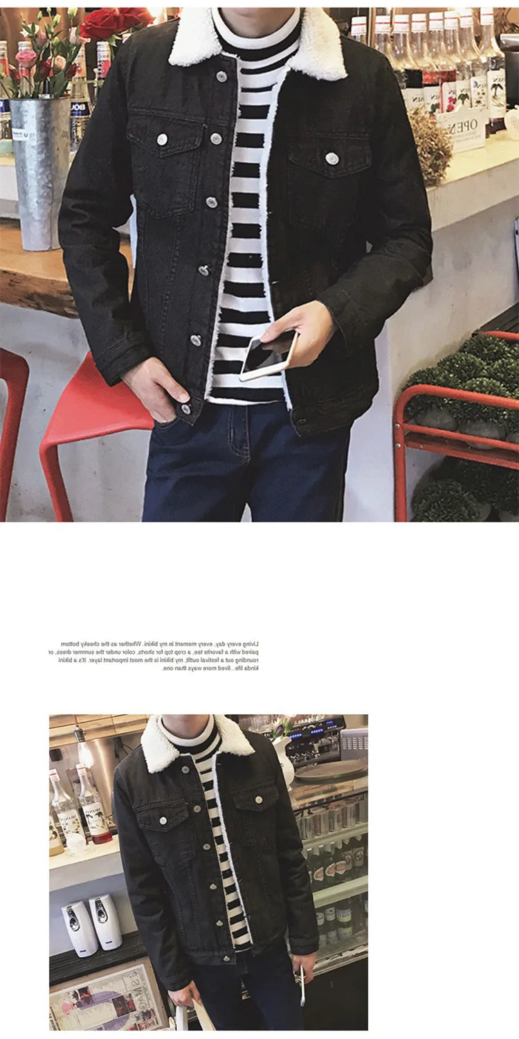 Thickened Fleece Winter Jacket for Men Youth Casual Style Long Sleeve Denim Coat with Stand Collar Button Closure Slim Fit