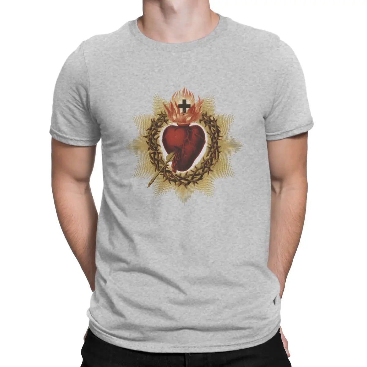 Sacred Heart  Catholic T Shirt Men Cotton Vintage T-Shirt Crewneck Jesus God Cross Tee Shirt Short Sleeve Clothing Gift Idea