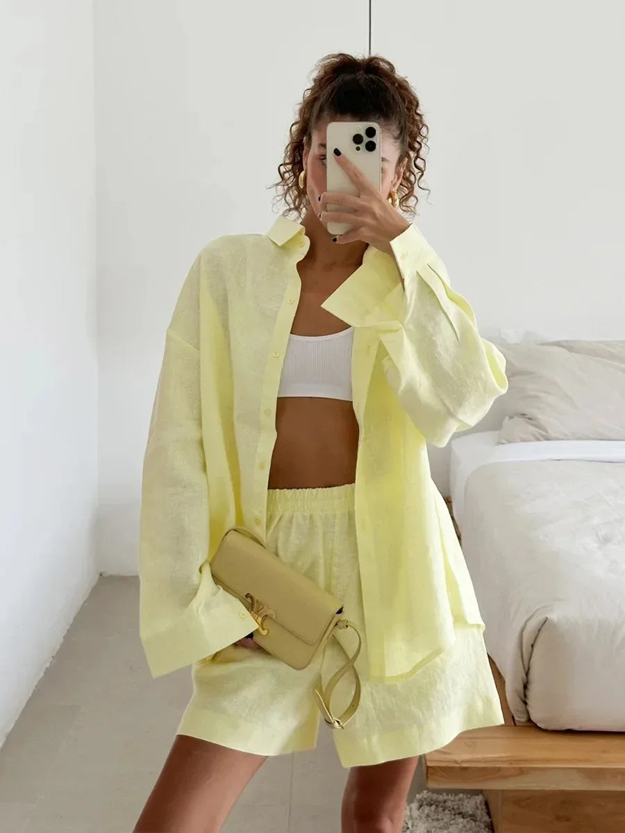 Women 2 Piece Shorts Set Casual Solid Loose Holiday Tracksuit Long Sleeve Cardigan And High Waist Female Shorts Sets 2025 Summer