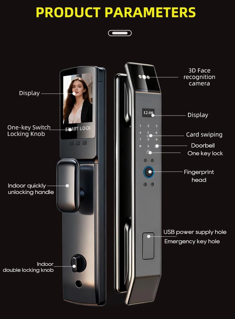 3D Face Recognition Fingerprint Password Smart Door Lock with  Remote Unlocking Wishome APP  Smart Lock Electronic door lock