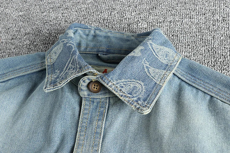 Heavy collar cashew flower embroidery design sense of British vintage denim shirt men's autumn trend coat with long sleeves