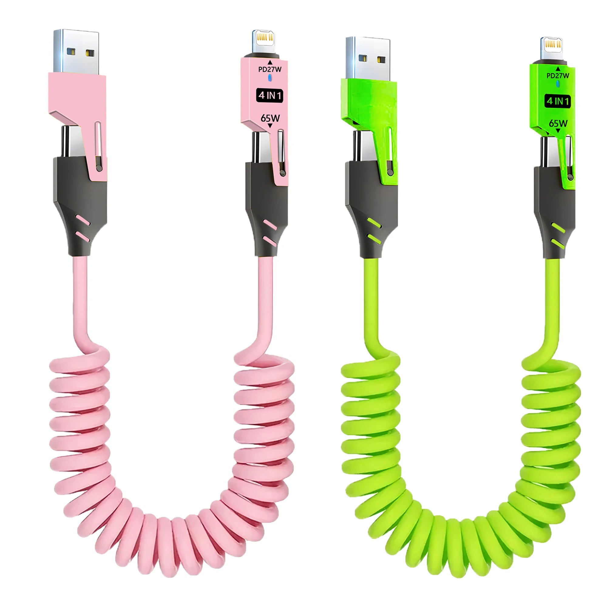 1/2PCS 4-in-1 Spring Data Cable & 65W Quick Charger: 6A USB Type-C Telescopic Wire Compatible with iPhone/iPad/MacBook/Huawei