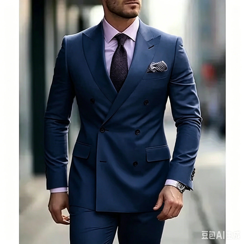 Men's Suits Solid 2 Pieces Plus Size Wedding Daily Business Formal Men Suits Tailored Silm Fit Double Breasted 6 Buttons